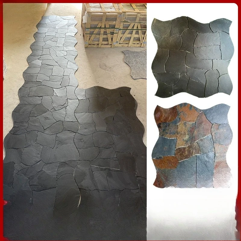Natural stone curve wave puzzle courtyard ground black floor paving stone antique brick indoor background wall cultural stone