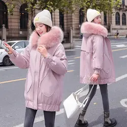 Parkas rosas con cuello de piel grande para mujer, abrigo de algodón con capucha, longitud media, grueso, suelto, cálido, talla grande, abrigo de invierno, Z3269