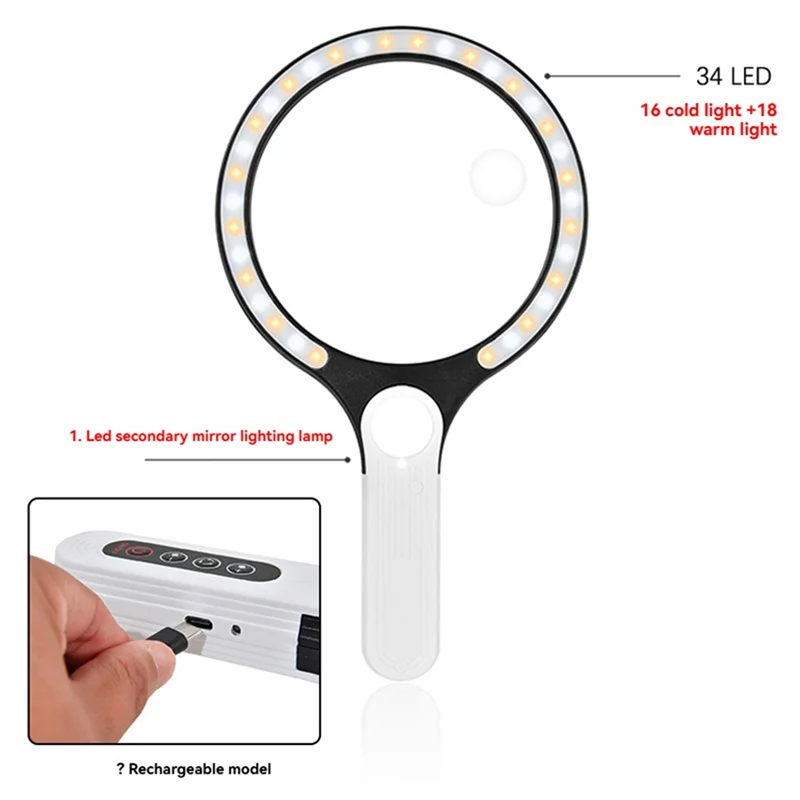 

B50C 20X Professional Handheld Magnifying Glass Rechargeable Reading Lens 34 LED Light For Reading Magnifying Glass Jewelry