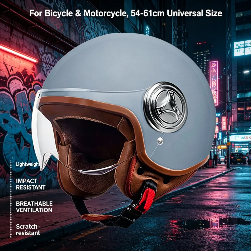 Halbschalenhelm mit Ohrenschutz, Retro Harley-Stil Sicherheitshelm für Fahrrad & Motorrad, 54-61cm Universalgröße