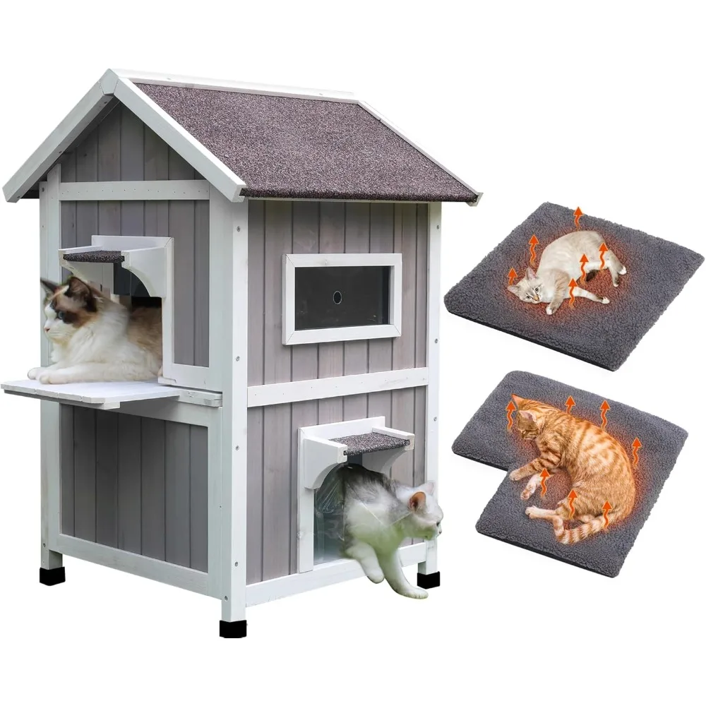 

Outdoor Cat House, Large Outdoor Houses for Feral Cats Wooden Outside Cat Shelter Weatherproof with Escape Door