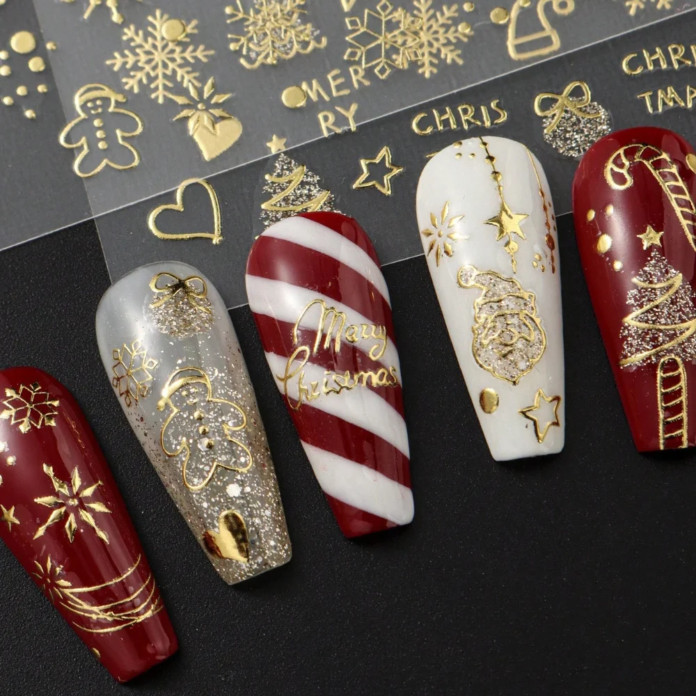 황금 눈송이, 크리스마스 트리, 순록 하트, DIY 휴일 네일 아트가 있는 크리스마스 및 새해 네일 스티커 2개