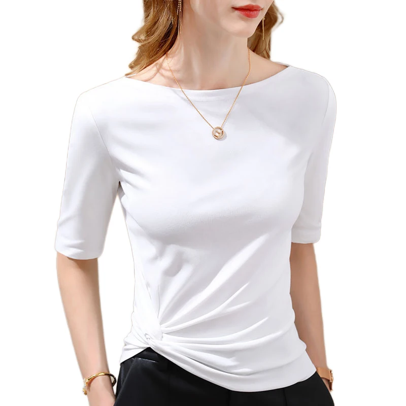 

Women T-shirt Half sleeve tshirt for woman Slash Neck Solid Color Women's Top Spring Summer Autumn Cotton Shirt for womens