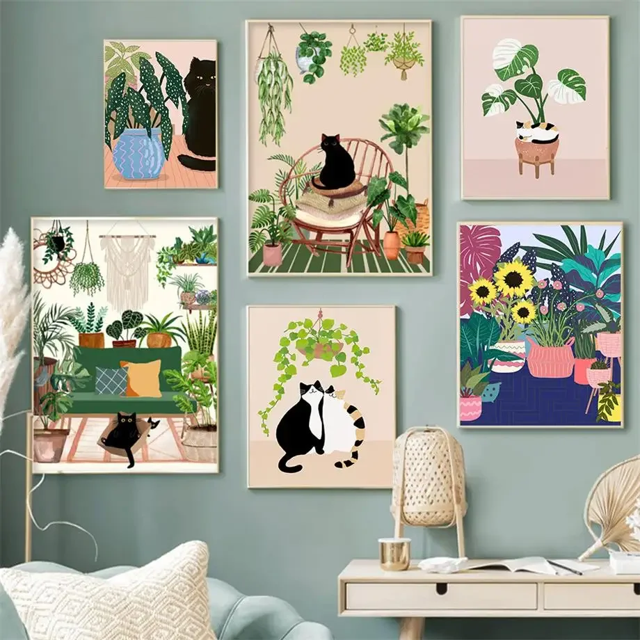 1PC--Funny Black Cat Botanical House Plant Boho Wall Art Canvas Paintings Posters And Prints Wall Pictures For Living Room Ba