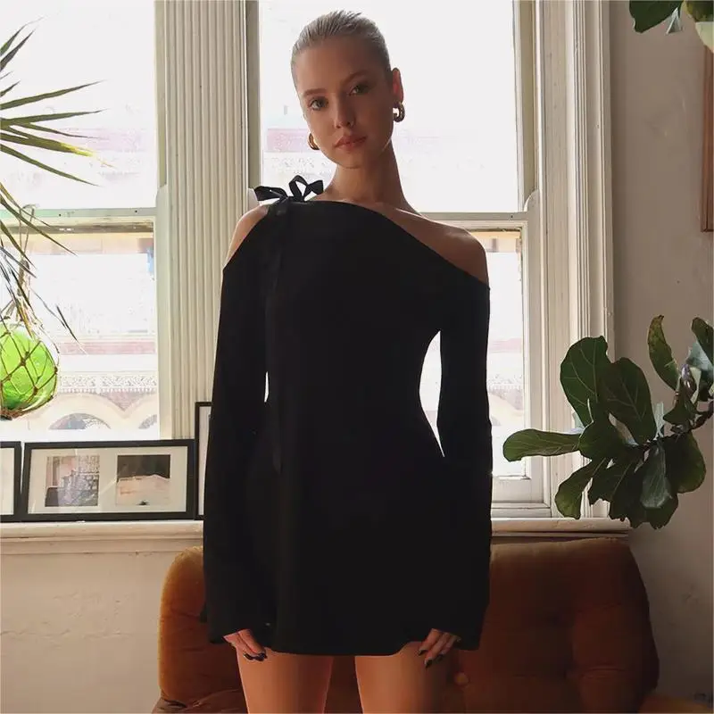 Long Sleeve Mini Dress Hollow Out Bandage Dress Women Off Shoulder Party Dresses Above Knee Autumn Winter Streetwear Black Dress