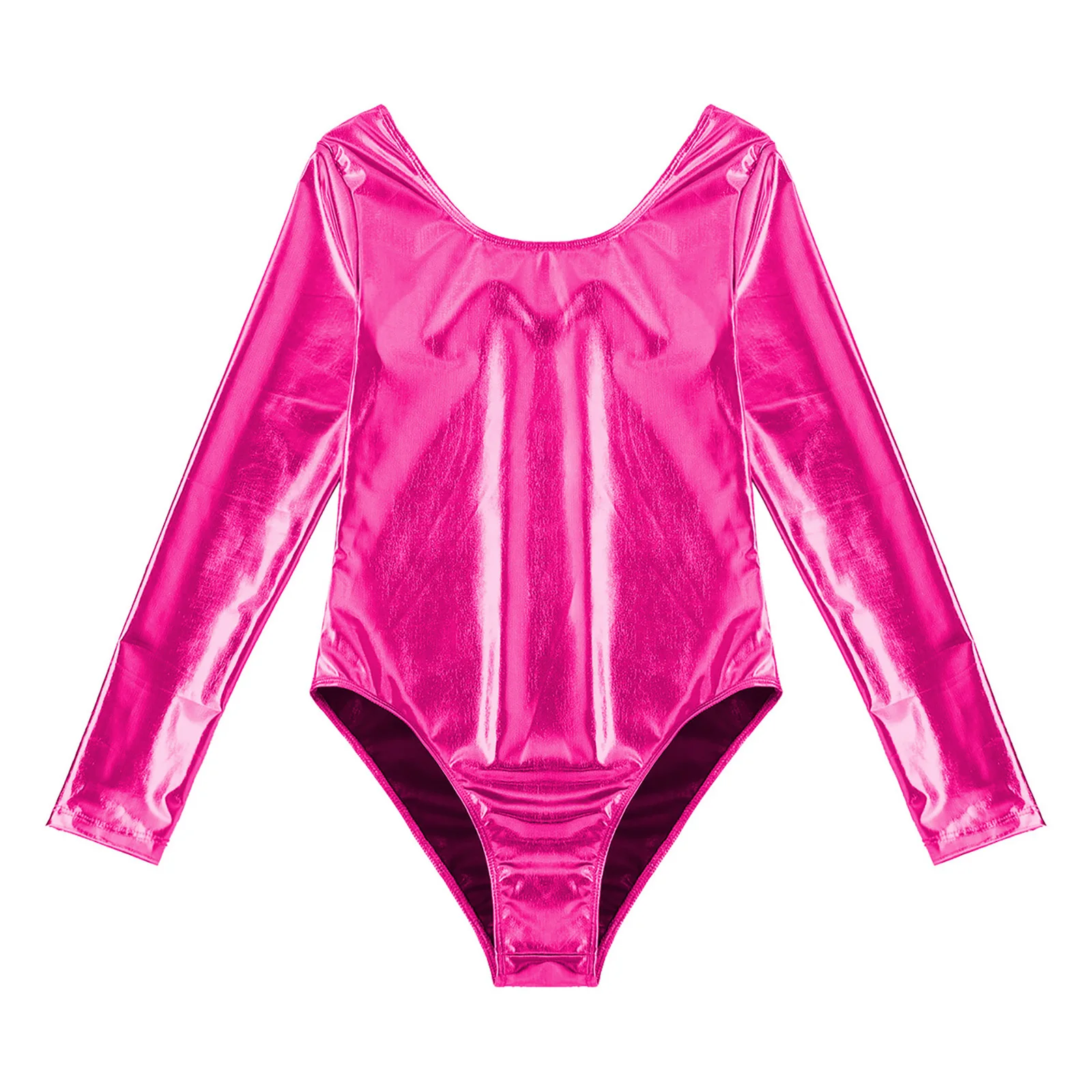 Women Shiny Patent Leather Gymnastics Leotard Performance Jumpsuit Long Sleeves Monokini Bodyuit Adult Ballet Dancewear Clubwear