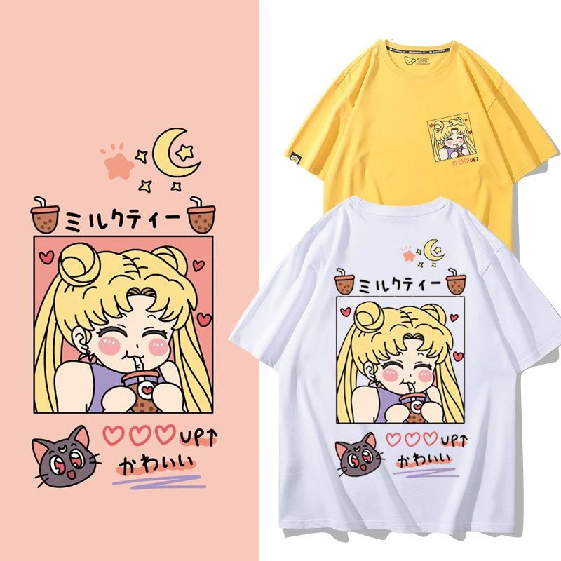 Cute Cartoon Kawaii Sailor Moon Best Friend Summer New T-shirt Men's and Women's Loose Cotton Short sleeved Top