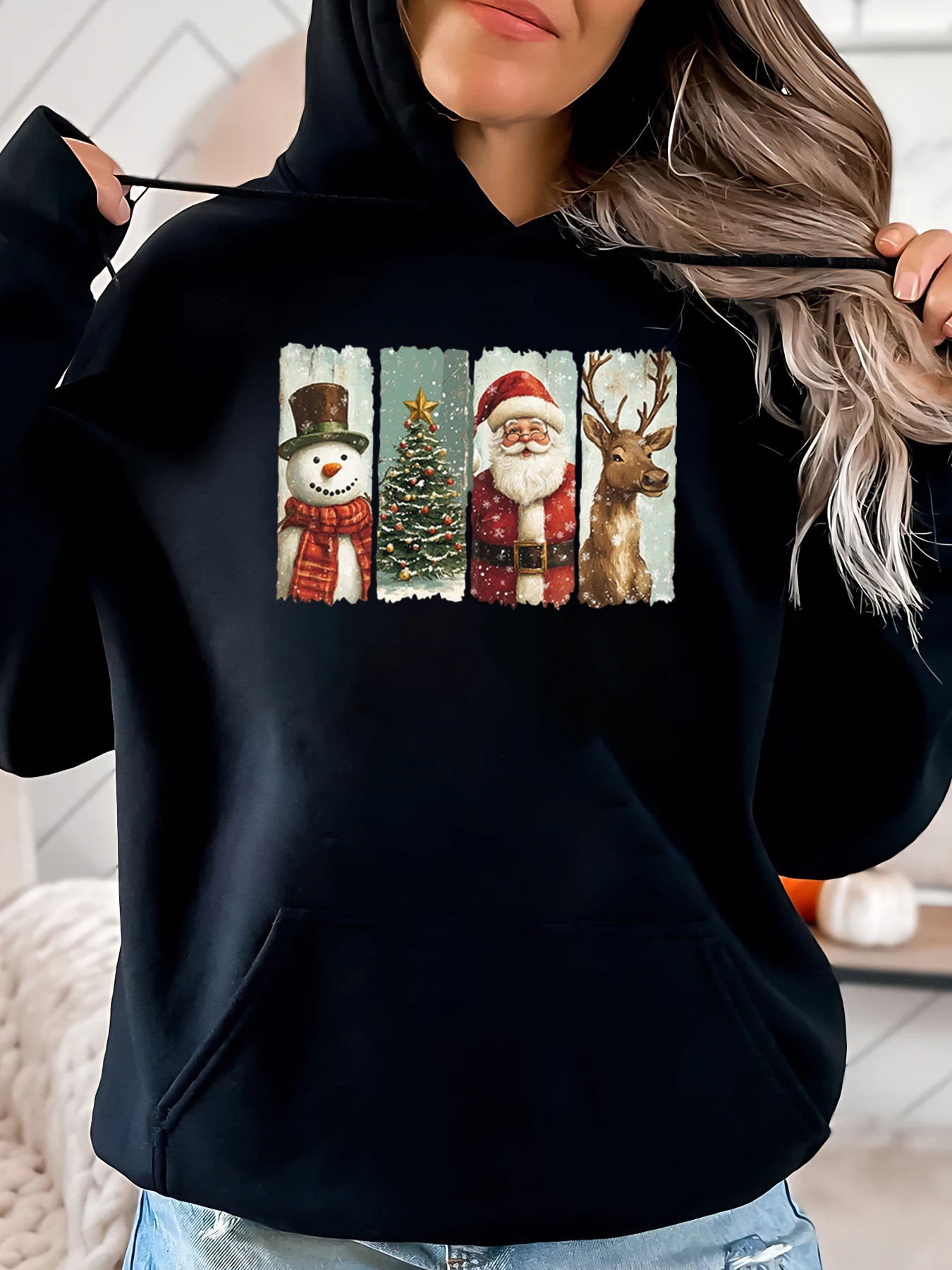 Natal boneco de neve árvore santa rena impressão hoodie feminino casual inverno férias wear preto plus size