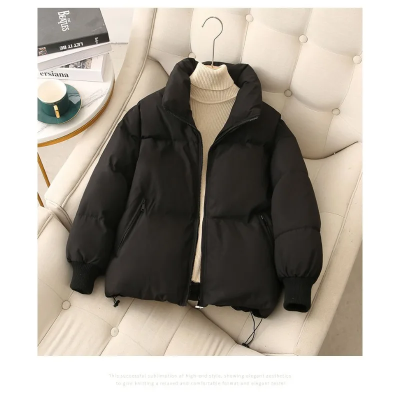 2024 new cotton-padded jacket women\'s short bread clothing thick warm solid color necked cotton winter coat Korean style