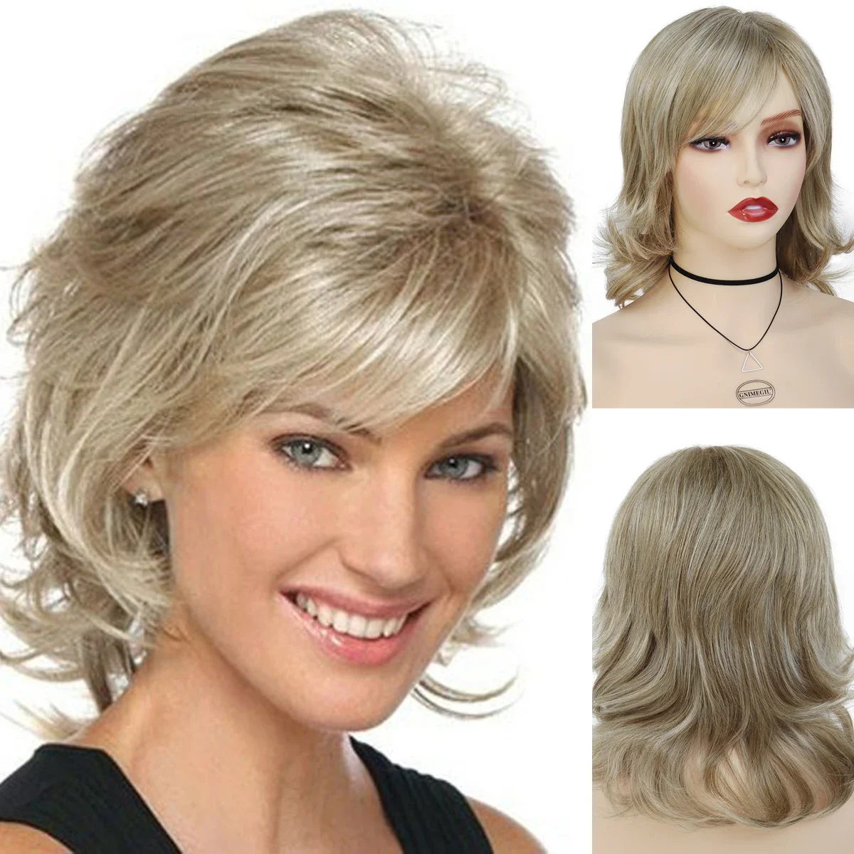 

Synthetic Hair Ombre Blonde Curly Wigs for Women Shaggy Natural Wig with Bangs Highlight Mommy Wigs Old Lady Wigs Chemo Patient