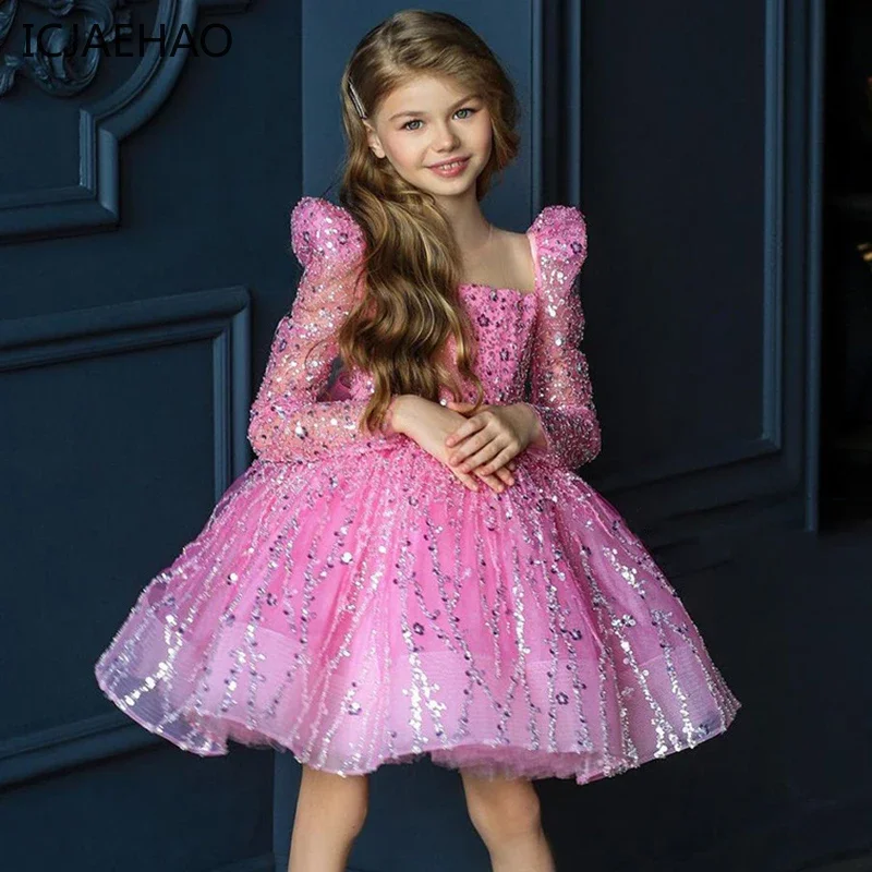 2025 Girls Dress Sequin Mesh Long-sleeved Birthday Party  Outfit Matching Baby Opening Ceremony Prom Children's Clothes Dresses