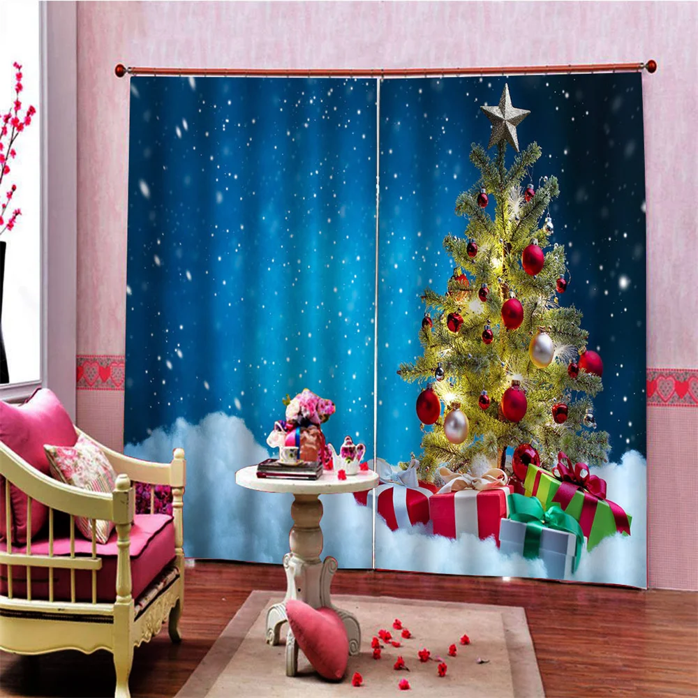 Red Christmas Ball Tree Light Happy New Year Window Curtains Blinds for Living Room Kids Bedroom Kitchen Door Home Decor 2Pcs