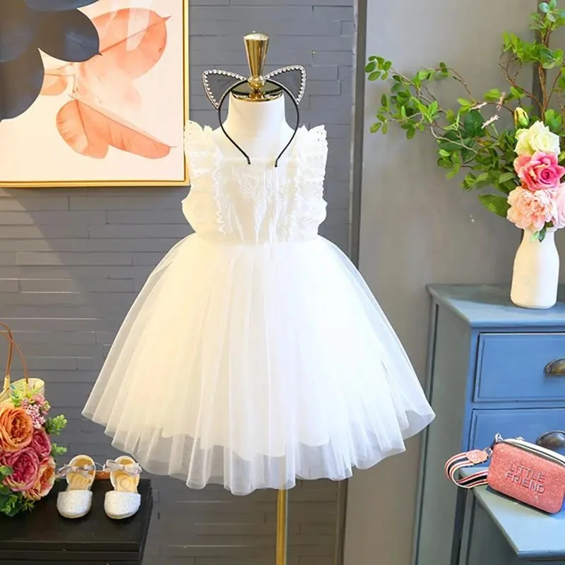 Summer Children\'s White Dress New Girls Sleeveless Gauze Princess Dress Baby Puffy Dress Little Girl Wedding Dress