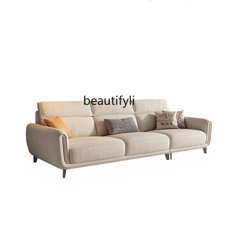 New Fabric Craft Sofa Simple Modern Small Apartment Living Room Straight Row 3 People Cream Wind High Backrest Flannel