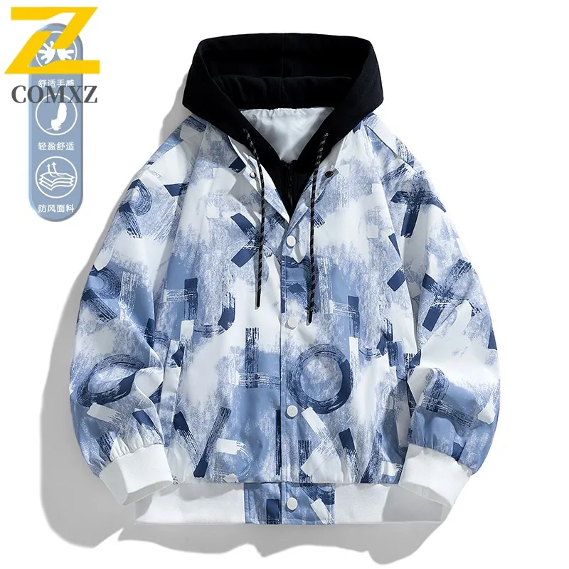 

COMXZ Men Jackets Fashion Brand Fake Two-Piece Hooded Camping Walking Comfortable Windbreaker Jacket Simple Travel Overcoat