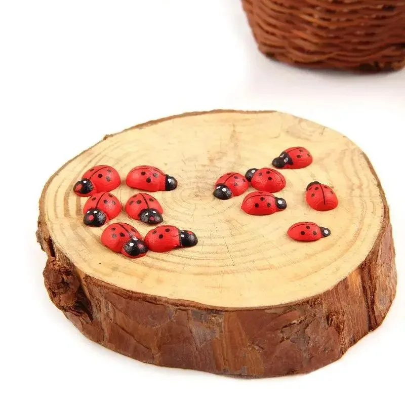 100Pcs Mini Wooden Ladybird Ladybug Self-adhesive Sticker Children Painted DIY Crafts Fairy Garden Figurine Miniature Home Decor