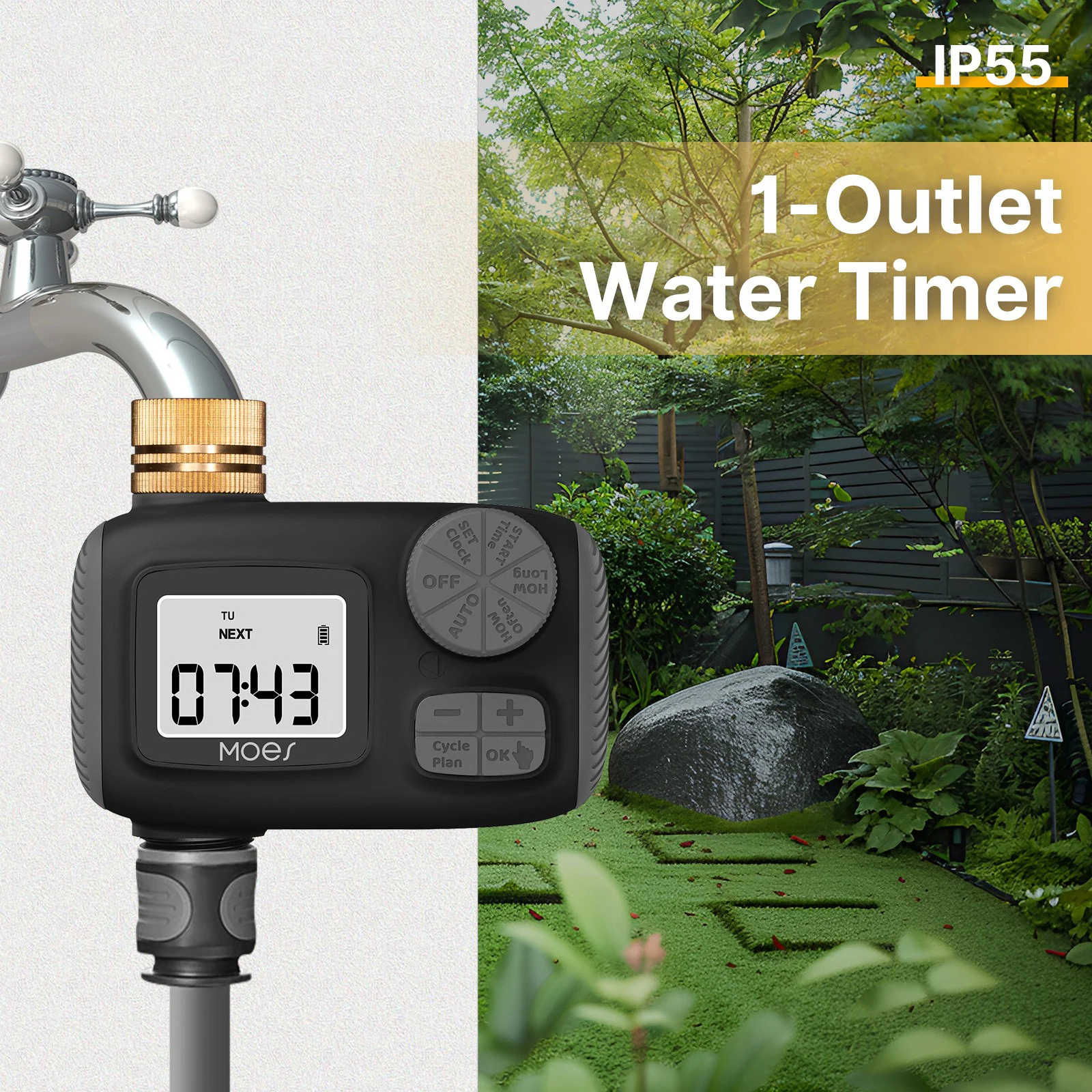 Water Timer 1-Outlet IP55 Waterproof Brass Inlet Rotary Knob Button Control With LCD Display Screen Rain Delay Child Lock