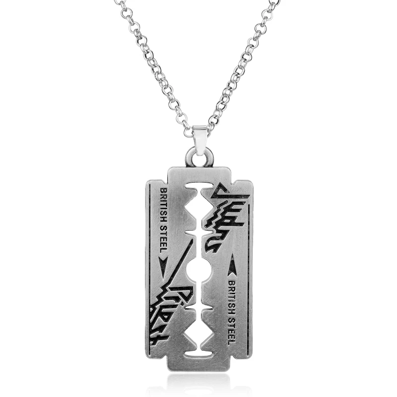 Hip Hop Rock Band Judas Priest Blade Razor Shape Pendant Necklace Long Chain Men Metal Necklace