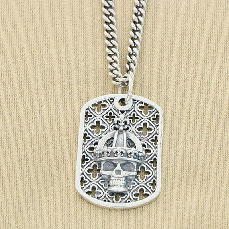 

S925 Sterling Silver Trendy Necklace Retro Creative Personality Crown Pendant for Men Thai Silver Punk Style Skull Head Pendant