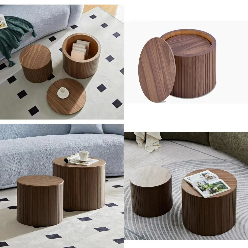 Set Meja Kopi Kayu Modern Bentuk Lingkaran dengan Penyimpanan untuk Ruang Tamu, Finishing Walnut (2 buah)