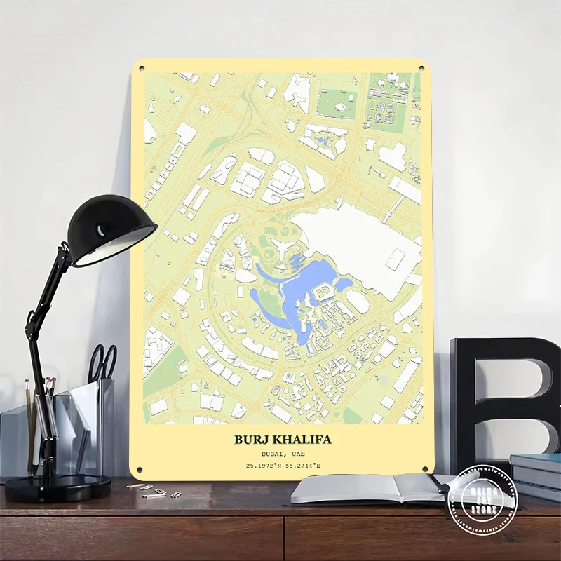 Burj Khalifa Map Tinplate Poster Customized Wall Art Retro Vintage Metal Signs for Fans Decoration Living Room Decor Men Home At