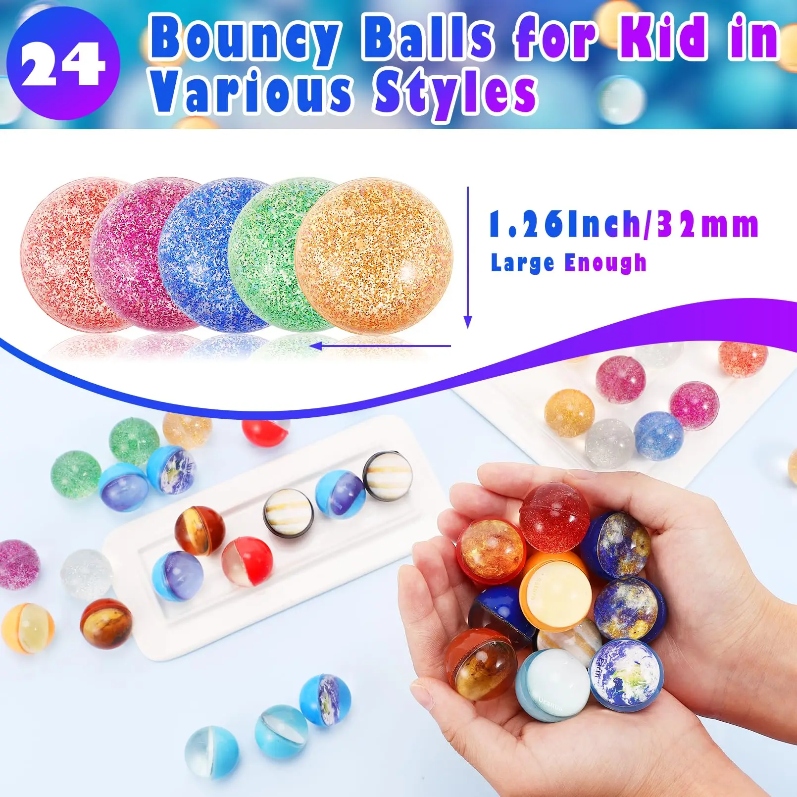 10/20pcs 32mm Space Theme Glitter Bouncy Ball Toys Kids Birthday Party Favors Classroom Prizes Goodie Filler Pinata Guest Gift