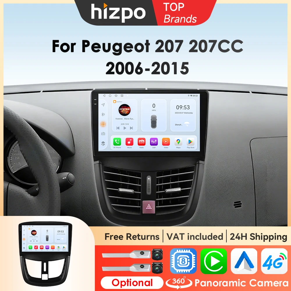 Hizpo 8G + 128G lecteurs vidéo multimédias pour voiture, pour Peugeot 207 207CC 2006 - 2015, Radio CarPlay, Android Auto, GPS 4G, sans 2 din, 2din, DVD