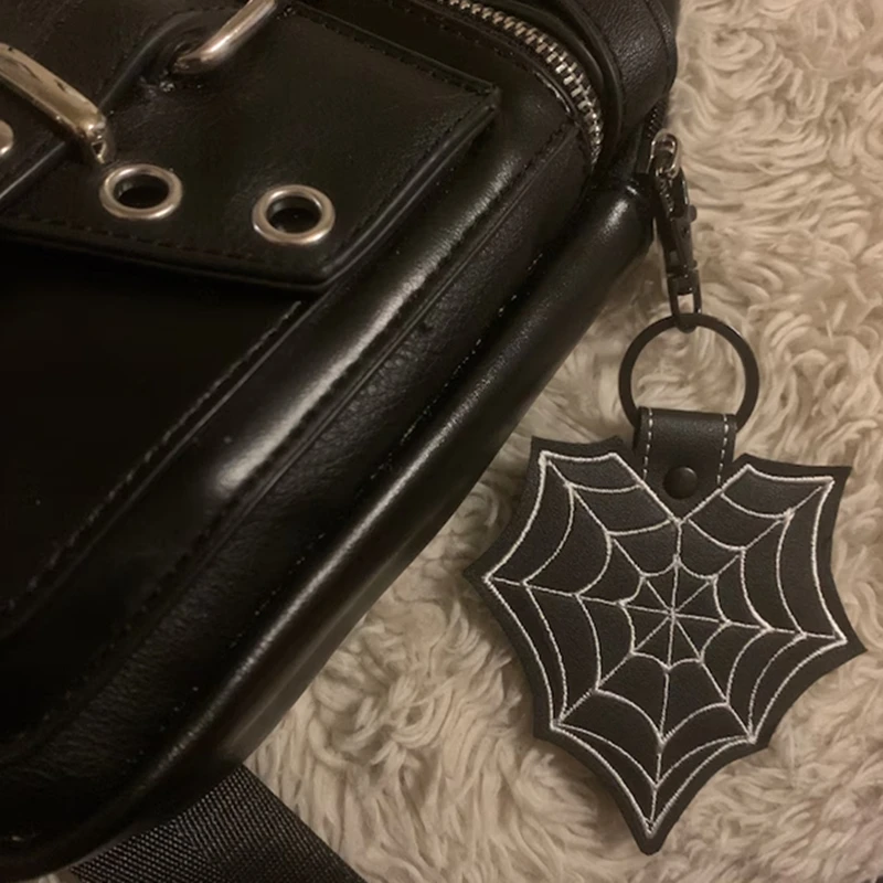 Spider Web Heart Embroidered Faux Leather Keychain