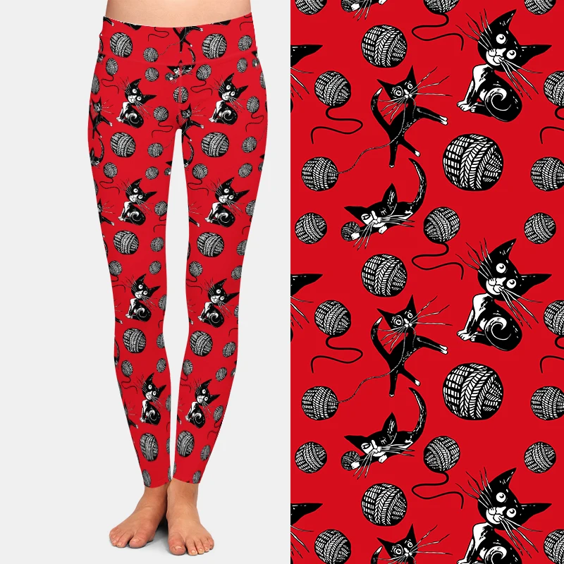 Letsfind moda inverno fitness feminino vermelho leggings 3d gato e a bola de lã imprimir calças macias cintura alta elástico leggins quente