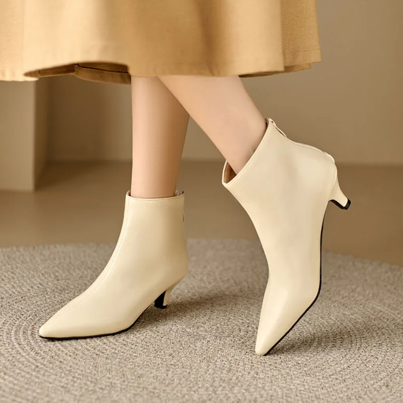 Phoentin kitten heel boots ankle 2024 pointed toe back zip up closure beige elegant woman shoes FT3691