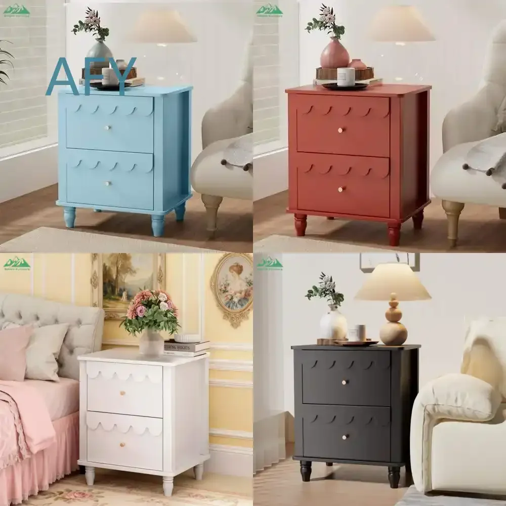 Wayon Modern 2-Drawer Storage Nightstand with Petal Pattern Solid Wood Legs for Bedroom Furniture Home Decor Small Space