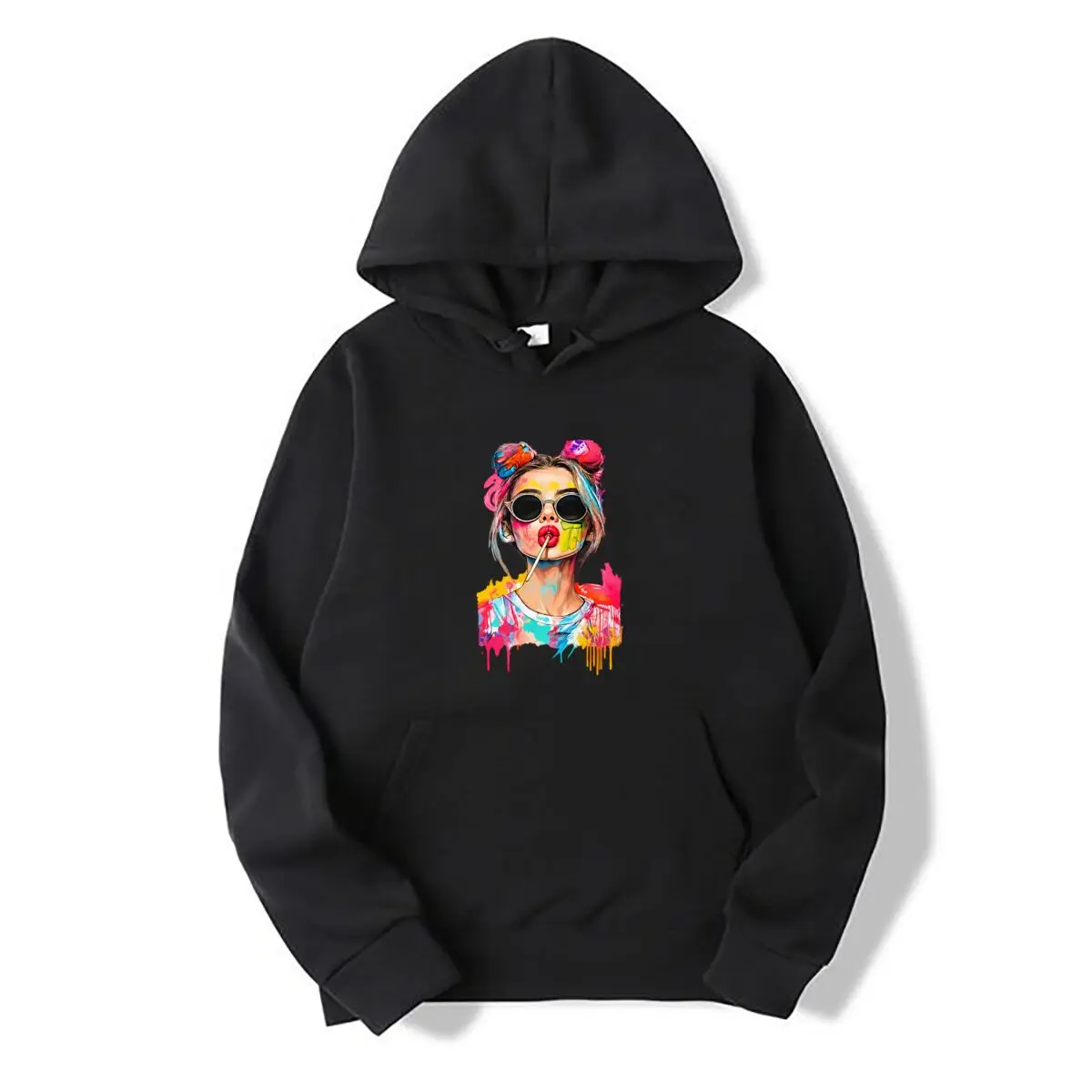 Pop Art Girl Sunglasses Lollipop Colorful Paint Splash Portrait Autumn and winter new men's and women's hooded sweatshirts