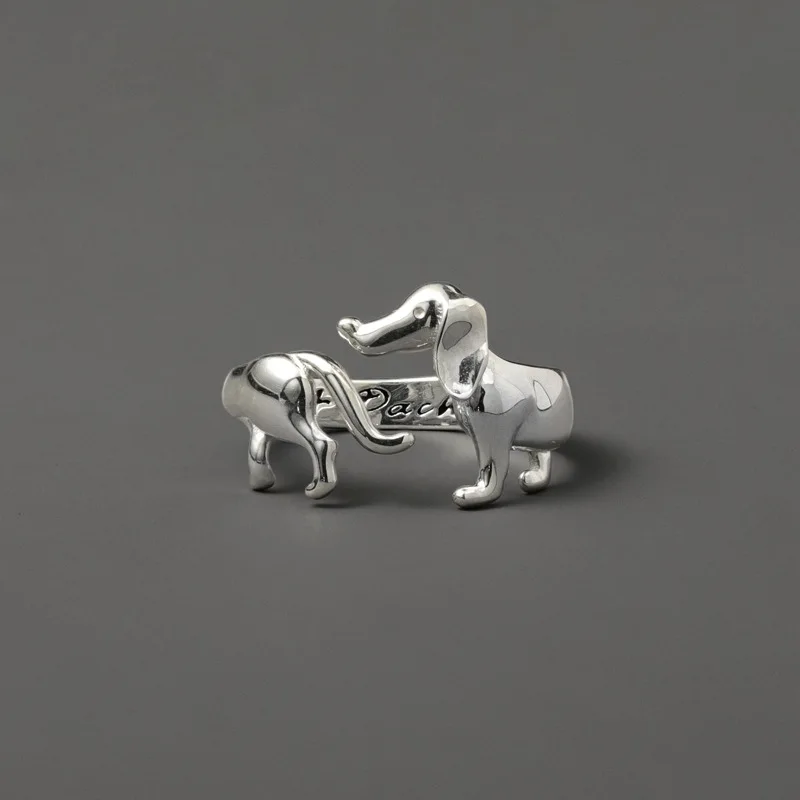 

925 Sterling Silver Dachshund Puppy Dog Shaped Resizable Rings For Women Cute Animal Unique Designer Chic Open Ring