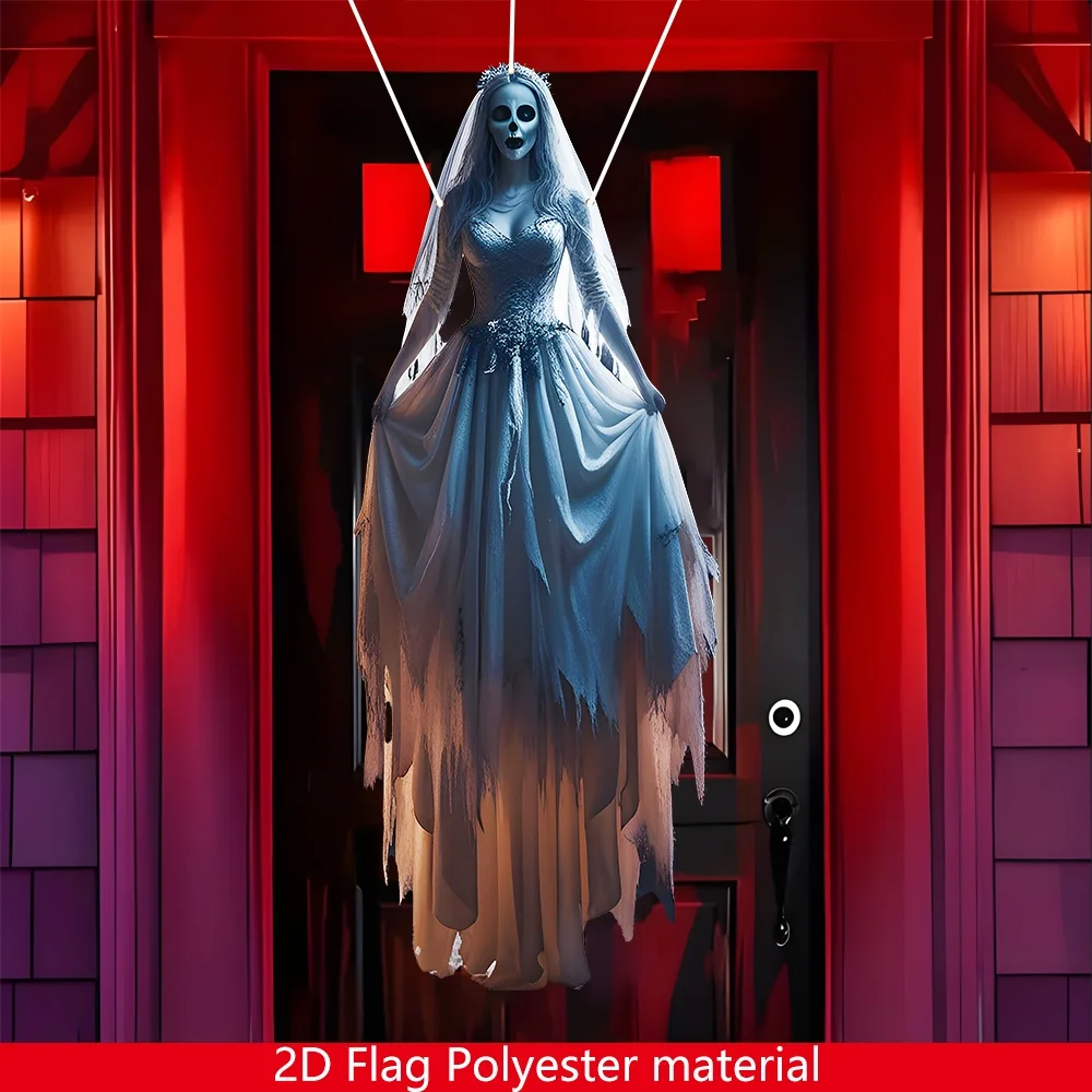 1 Stück Halloween-Skelett-Braut-Hängeflagge – Outdoor-/Indoor-Gothic-Dekoration, gruselige Braut mit Fledermäusen und Jack-O-Lanterns-Design – Detail 7