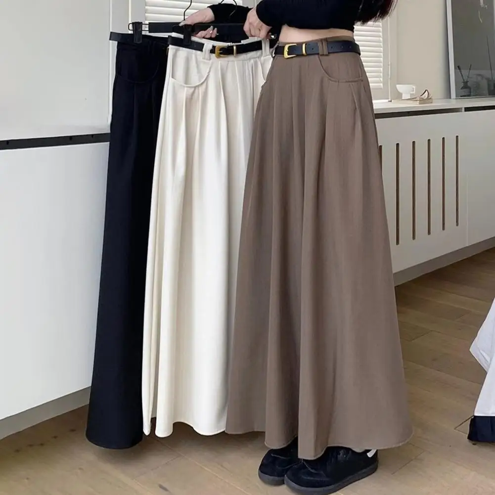 

Women High Waist Pleated Skirt Elegant Flared A-Line Midi Skirt with Pockets Fashion Solid Color Lady Long Skirt for Autumn