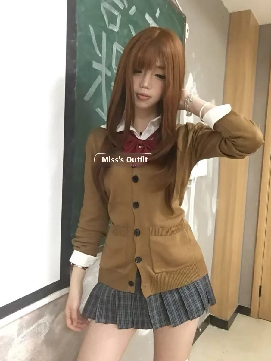 

Japanese Sle JK orm Knitted Sweater Harajuku Spicy Girl Long Sve Open Cardigan Slimming Waistcoat Top Tee Piece Set