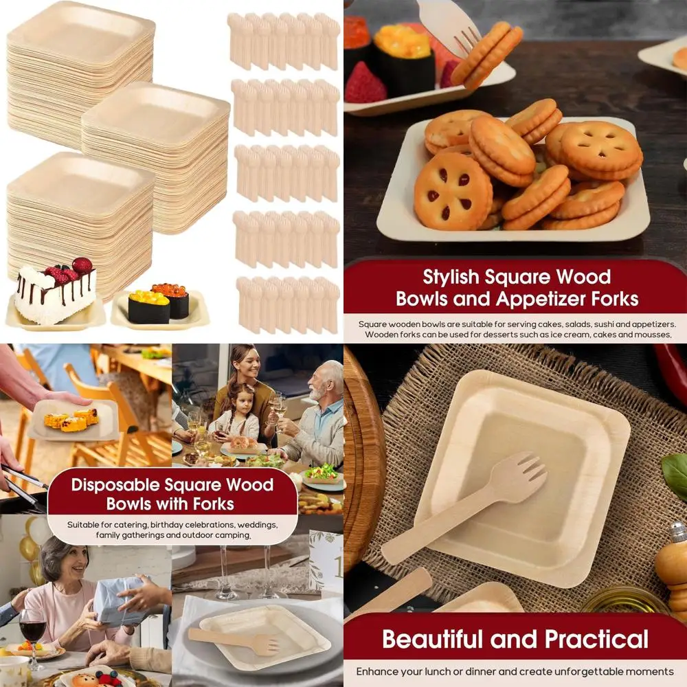 

Disposable Palm Leaf Bowls & Bamboo Plates with Forks, Ideal for Parties & Catering, 4.4 Square, 300 Count