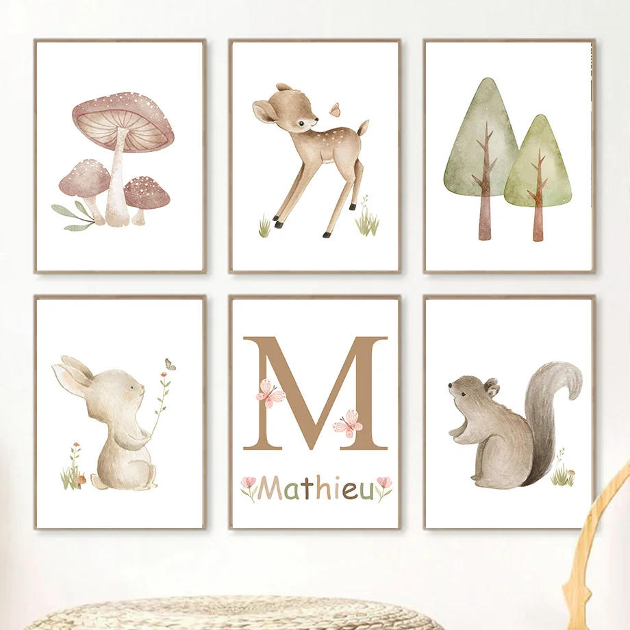 Woodland Animal Nursery Wall Art Watercolor Bunny Squirrel Butterfly Canvas Print Wild Forest Poster Pictures Kids Bedroom Decor