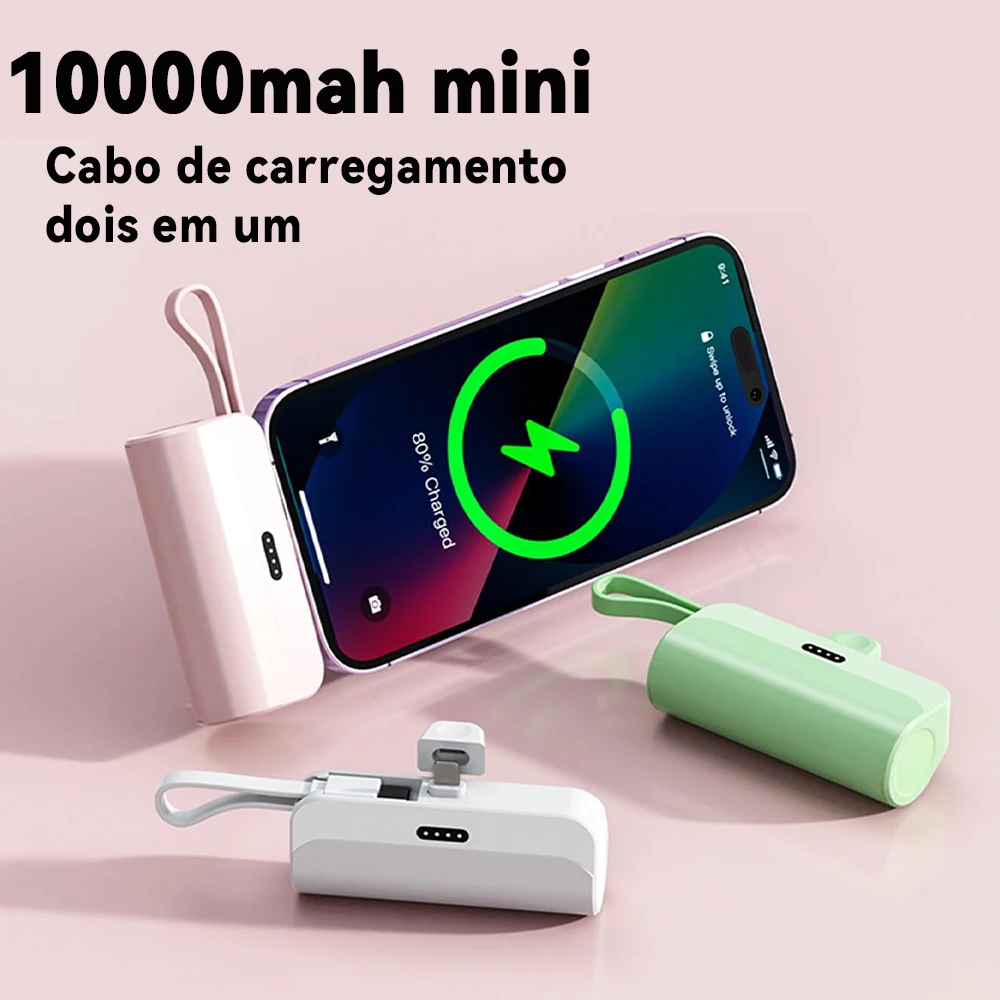 Power Bank Mini 10000mah Com Carregamento Sem Fio Rapido e Cabo Embarcado Para Dia a Dia e