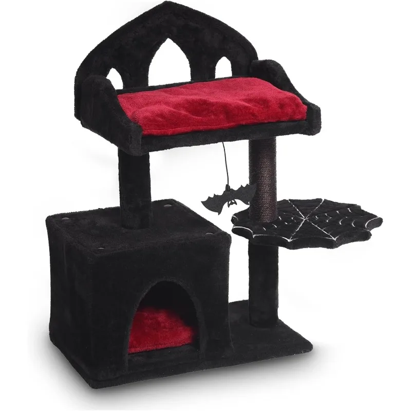 

28in Halloween Cat Tree with Regal Throne Bed, Spacious Cat condo, Spooky Hanging Bat and Durable Sisal Scratching Post - Goth