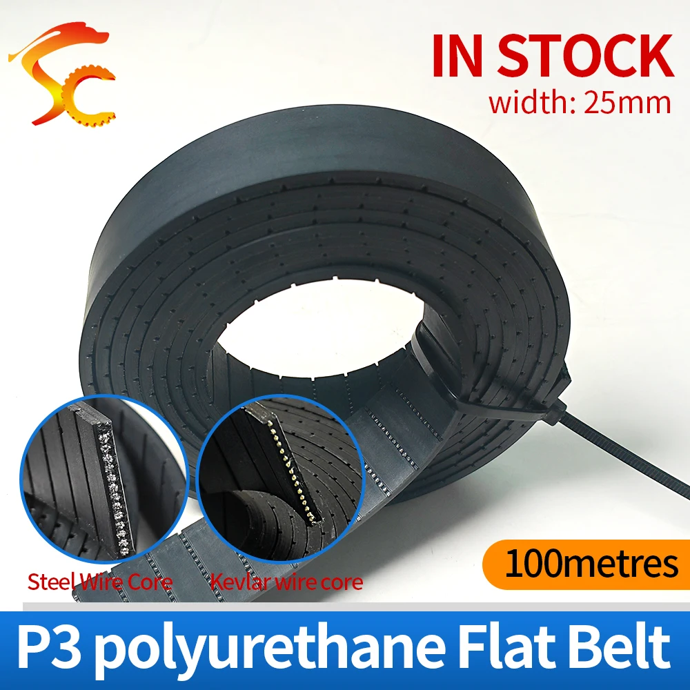 

100Metres P3 Flat Belt Width 25mm Thickness 3mm color black Polyurethane with Steel core for Fitness Equipment