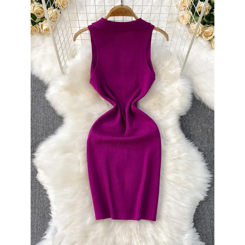 INS mince femmes été col polo tricoté moulante mini robe courte débardeur décontracté Chic fête sexy fermeture éclair streetwear robe de boîte de nuit