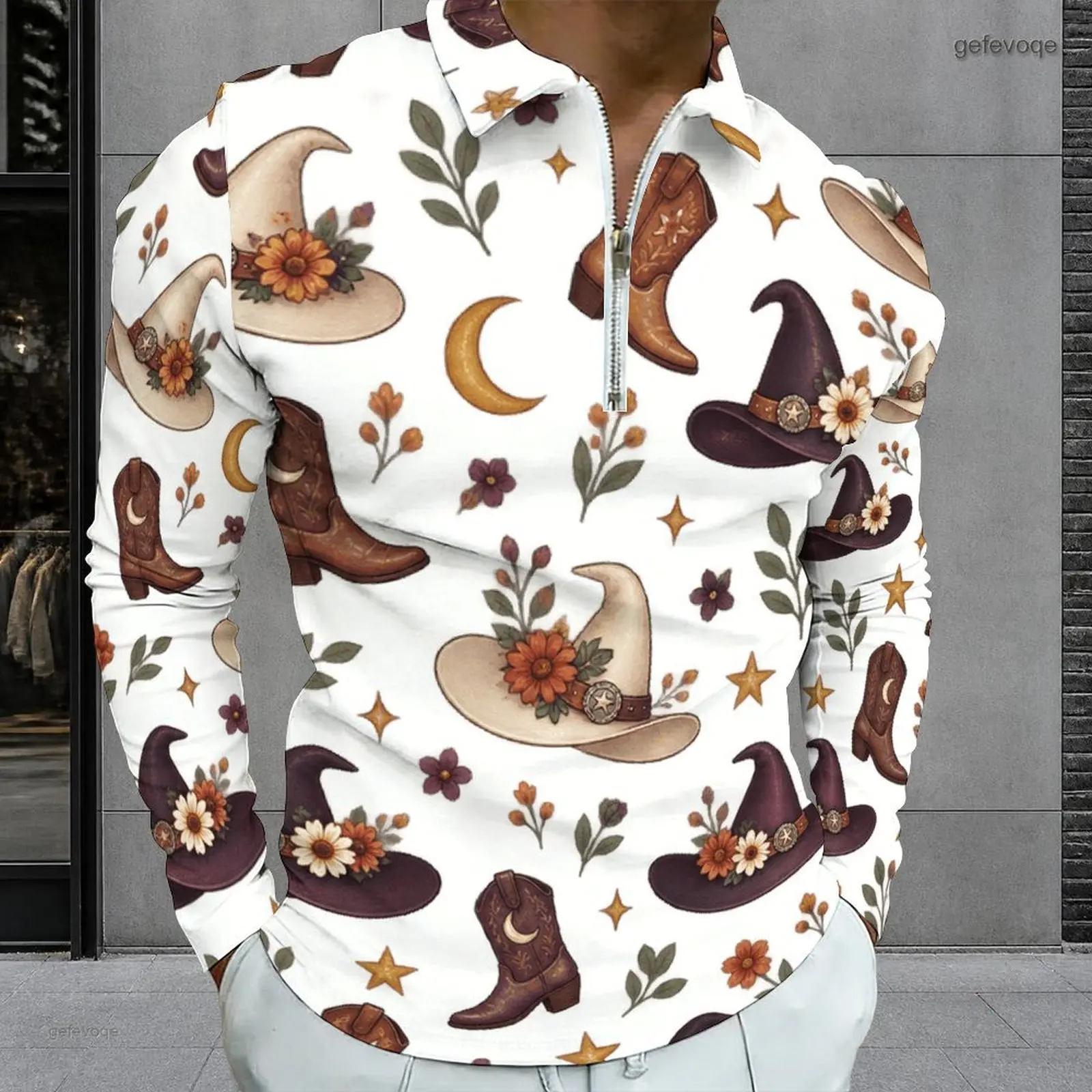 Men White Printed Pumpkin Puppy Maple Leaf Star Long Sleeve Quarter Zip Polo Shirt
