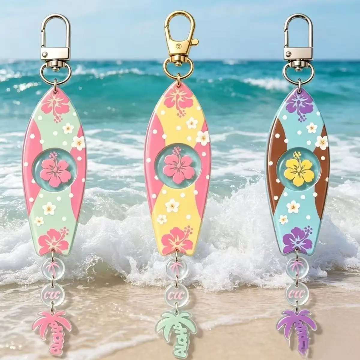 Porte-clés en acrylique Fleur d'hibiscus Planche de surf d'été pour femme, pendentif de sac, porte-clés mignon, accessoire cadeau de voyage