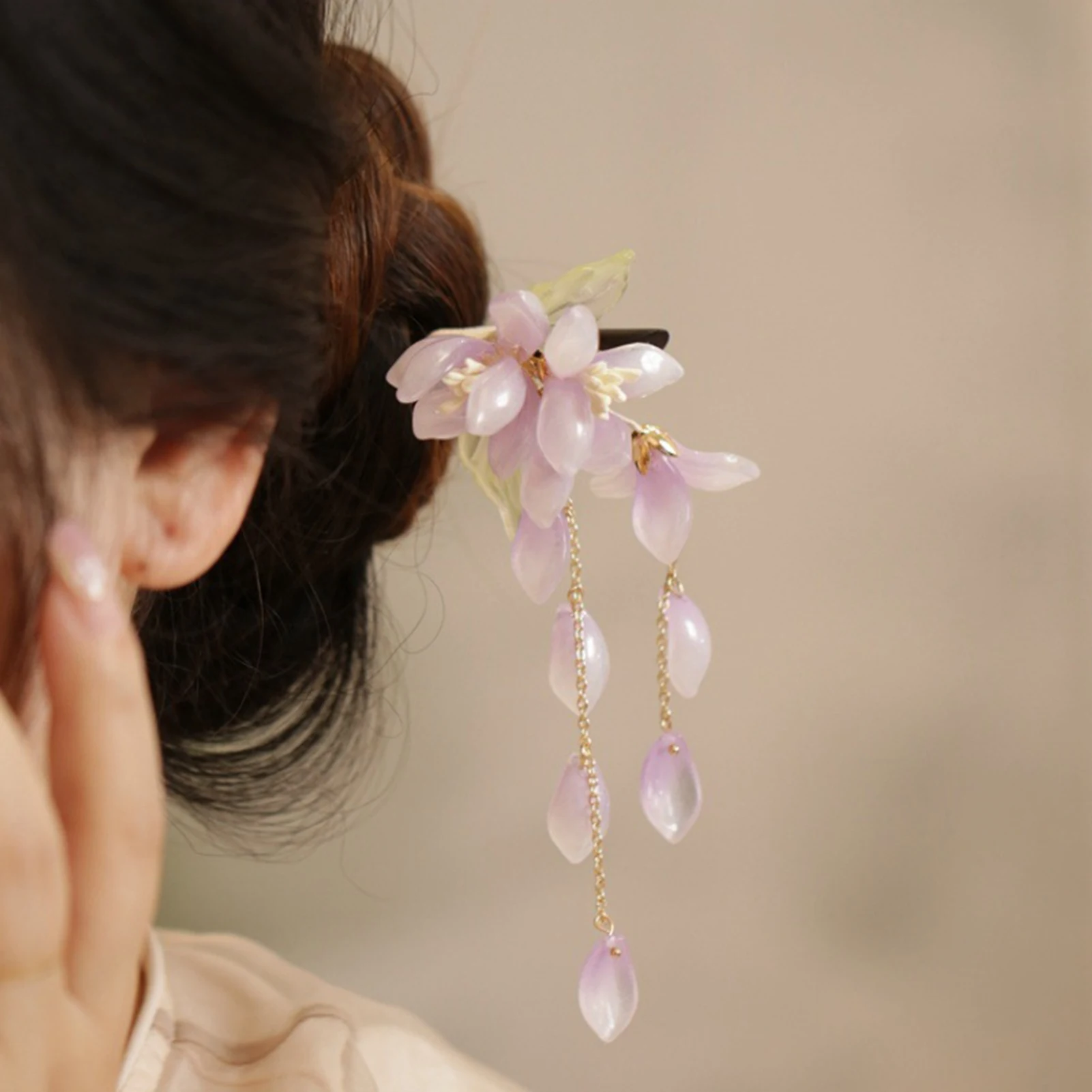Vintage Chinese Style Tassel Hairpin Classical Jade Orchid Purple Vine Flower Hair Stick For Women Elegant Hanfu Hair Accessory