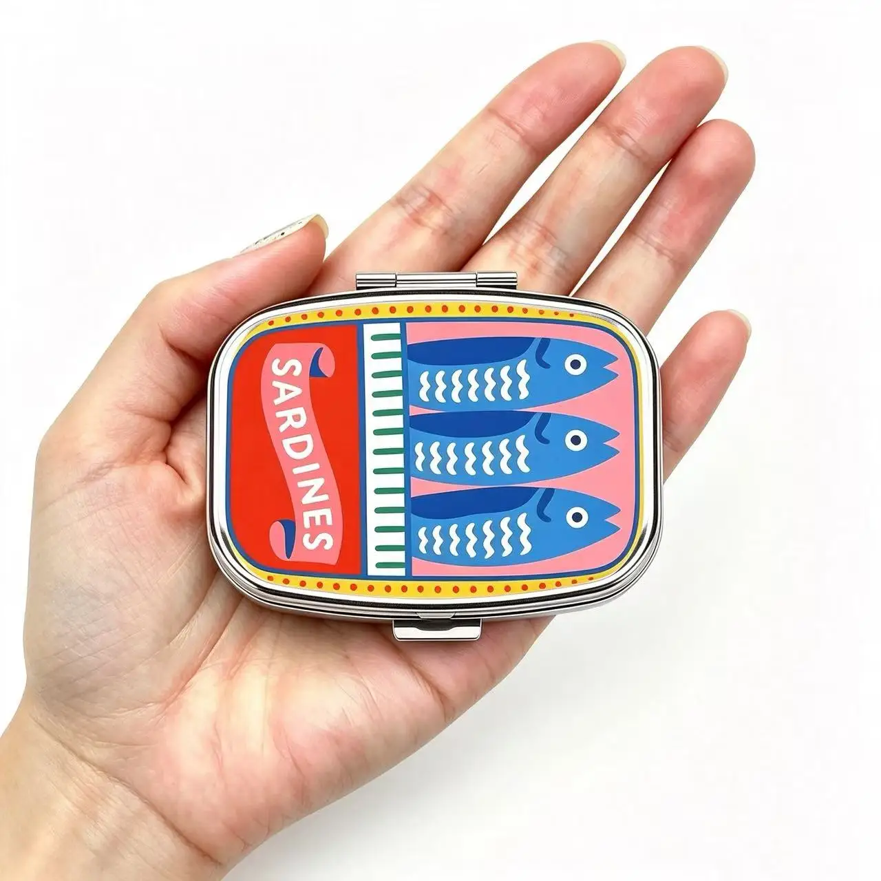 2 Compartments Metal Pill Box, Retro Sardines Fish Print Portable Pocket Pill Case, Mini Travel Medicine Storage Container view 3