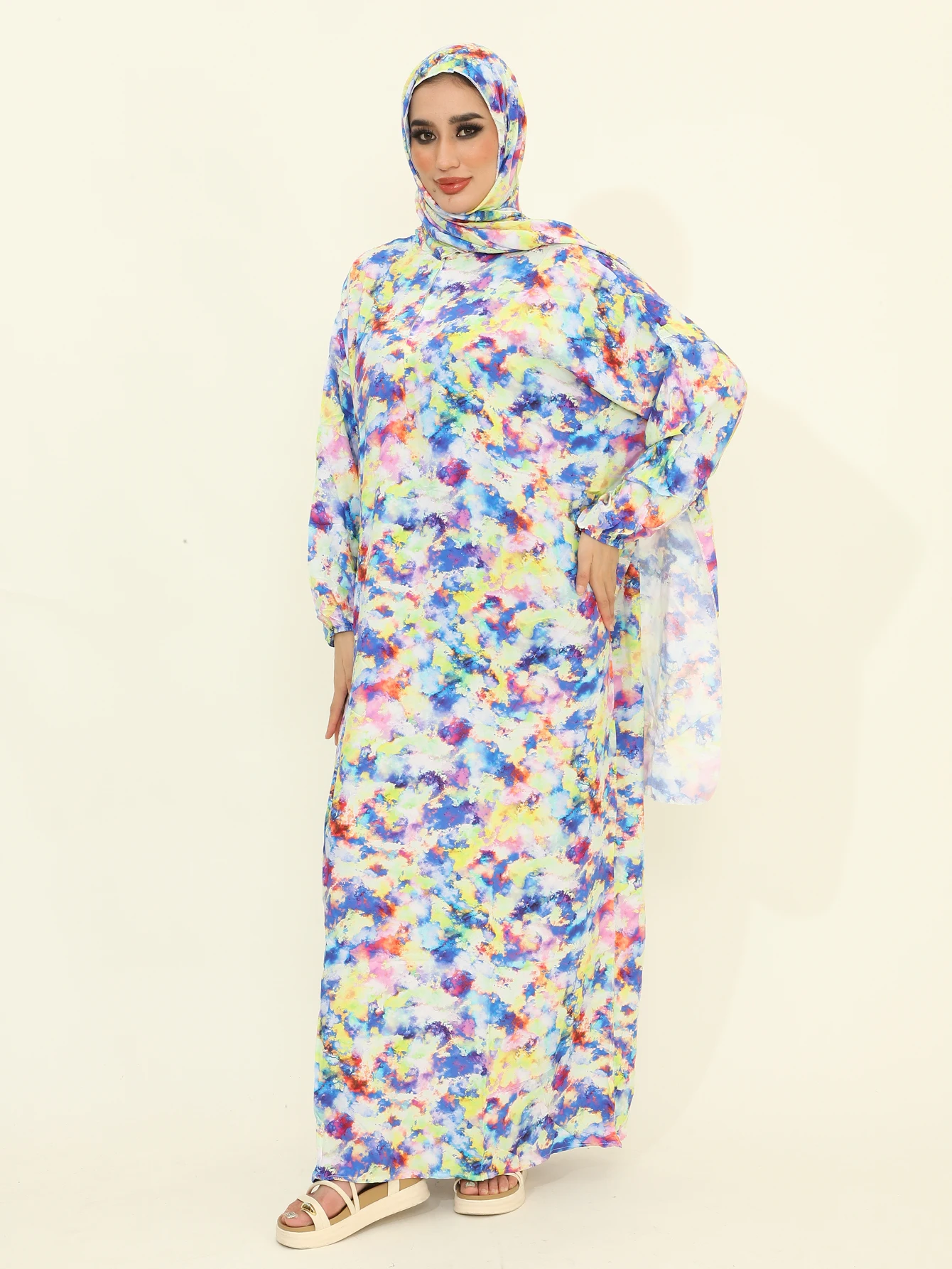 Autumn New Muslim Fashion Abaya Dresses with Hijab One Piece Prayer Dresses Flower Printed Pretty Dubai Abayas