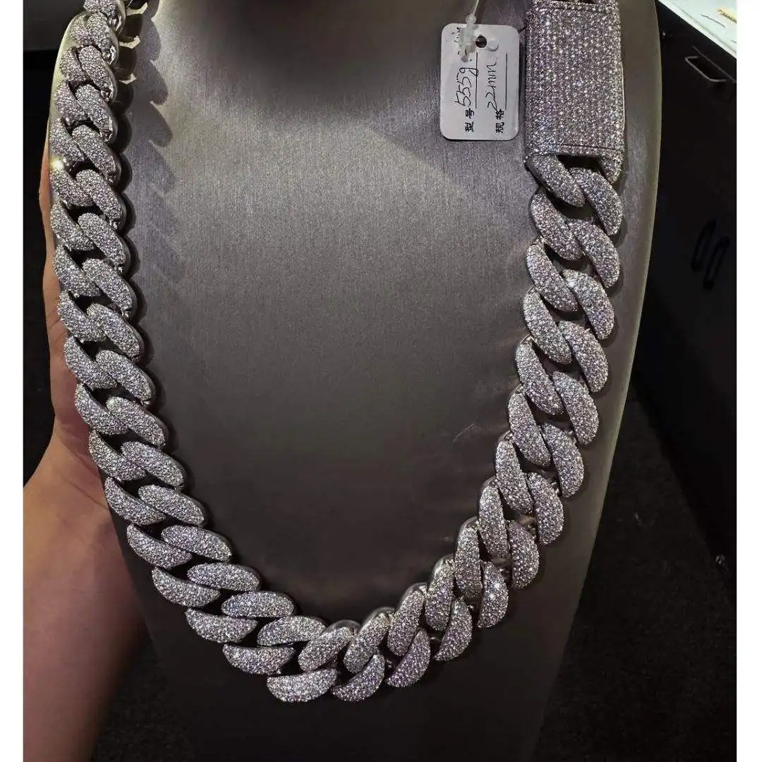 Silver .Unisex 925 Iced Cuban Link Chain Channel Set Brilliant Cut Moissanite Statement Necklace Gold Plated Hip Hop Jewelry