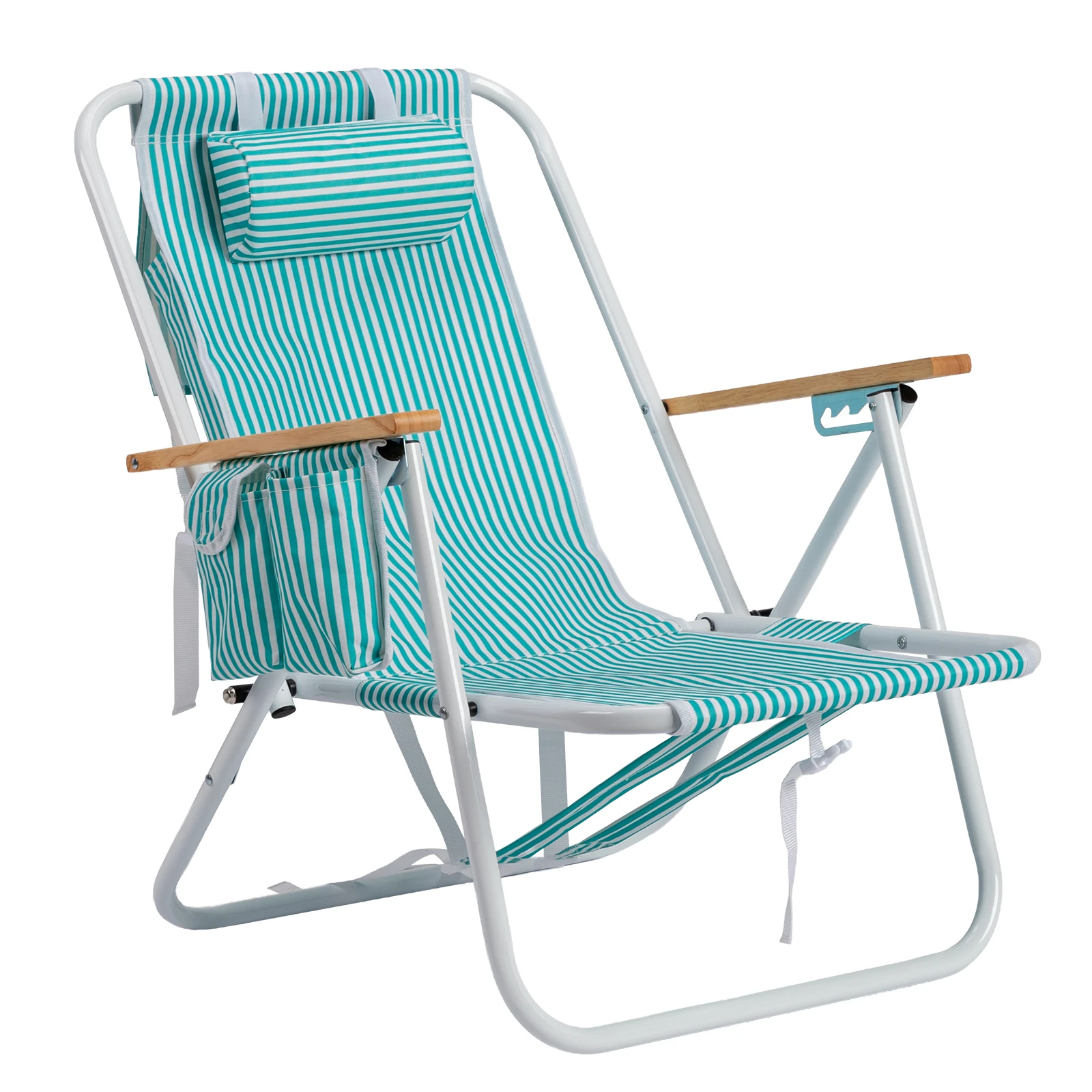 4-Position Adjustable Backpack Beach Chair, Foldable Rustproof Aluminum Frame Lounge Chair with Wooden Armrest, Side Storage Pockets & Detachable Pillow, 24"22"37" Outdoor Patio Camping Lawn Chair Holds up to 265 LBS, Mint Green White Vertical Stripe