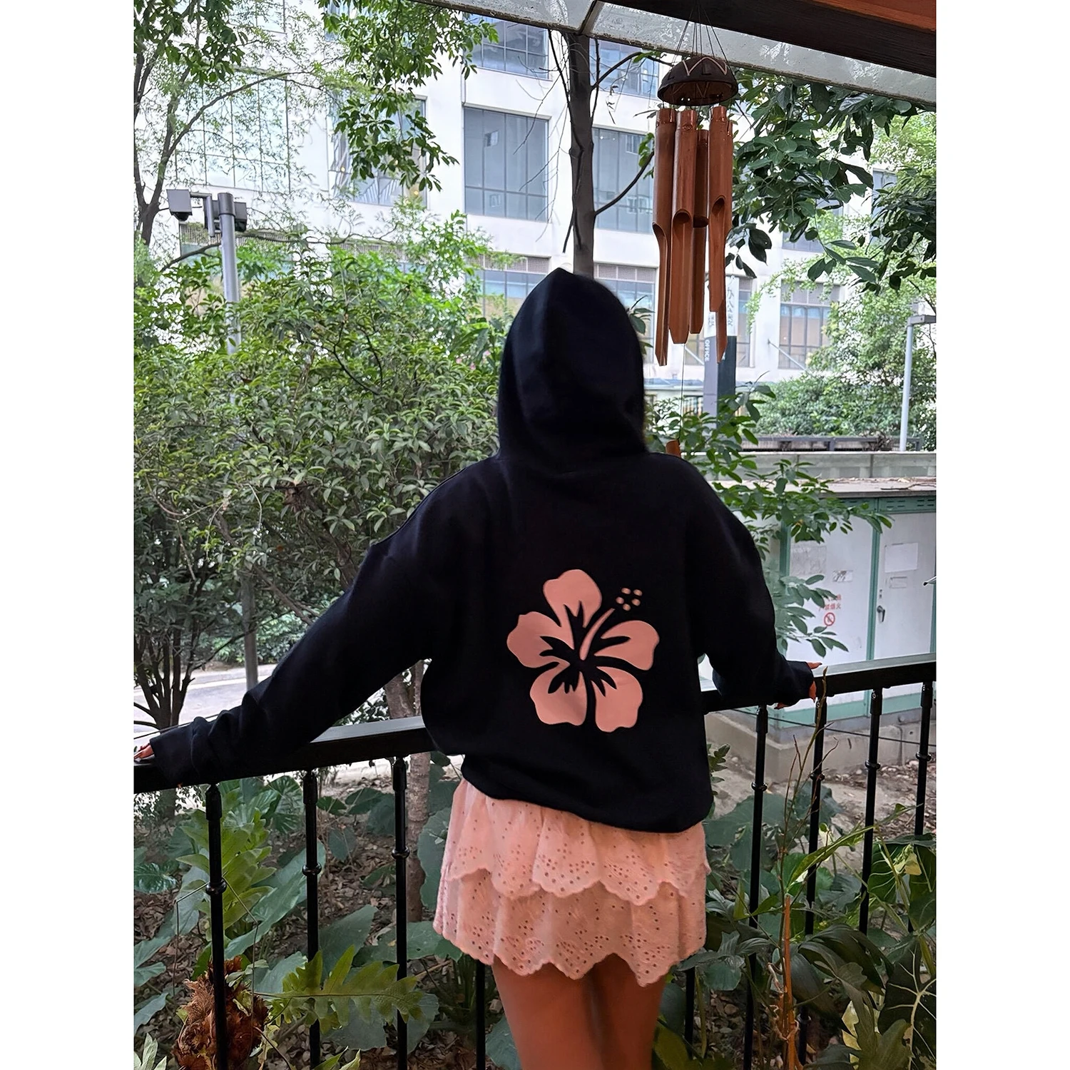 

Loose Fleece Hoodie Korean Style College Print Matching Dark Blue Long Sleeve Crew Neck Sweatshirt for Women Spring Autumn